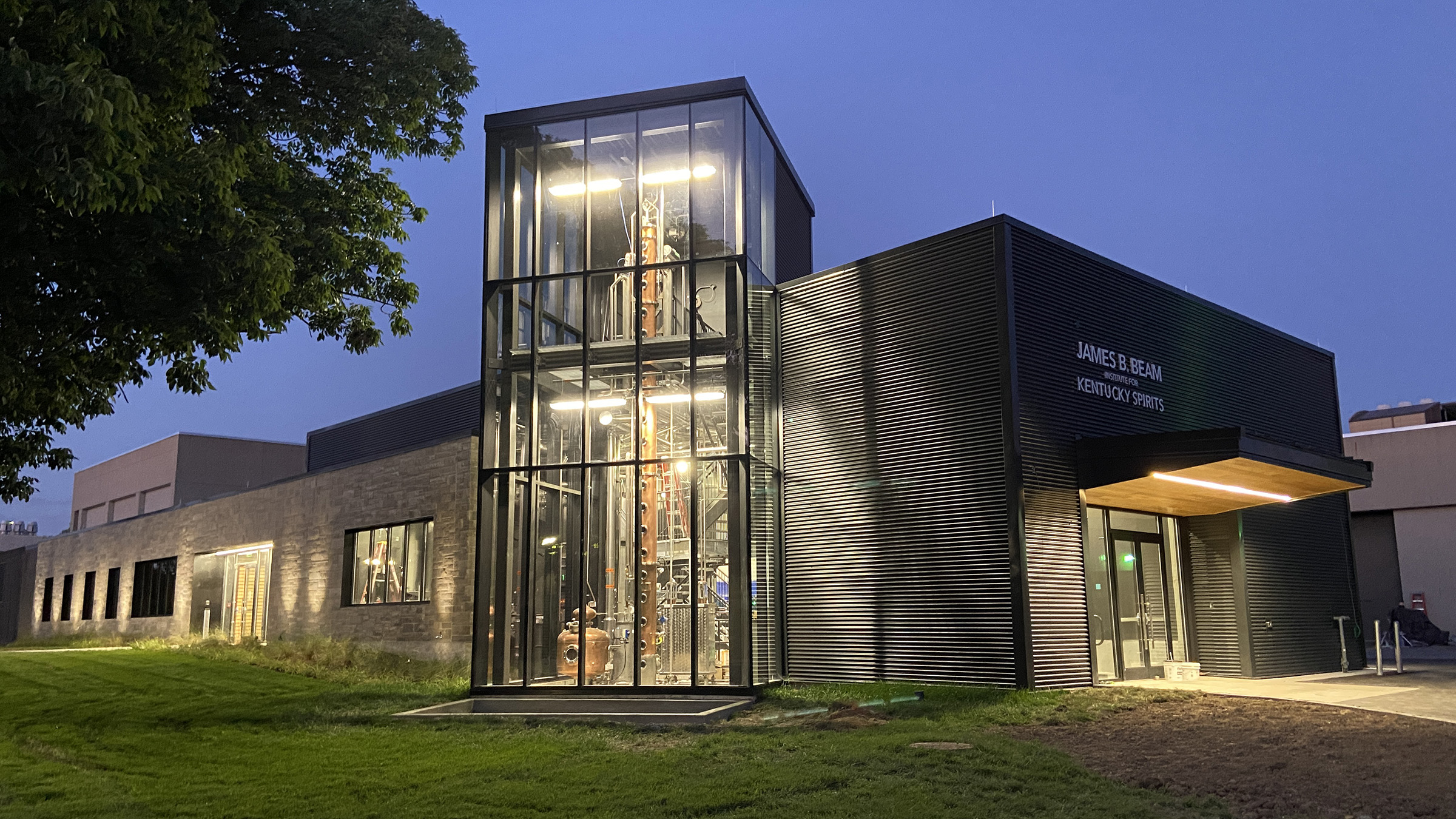 Beam Institute exterior lit at night